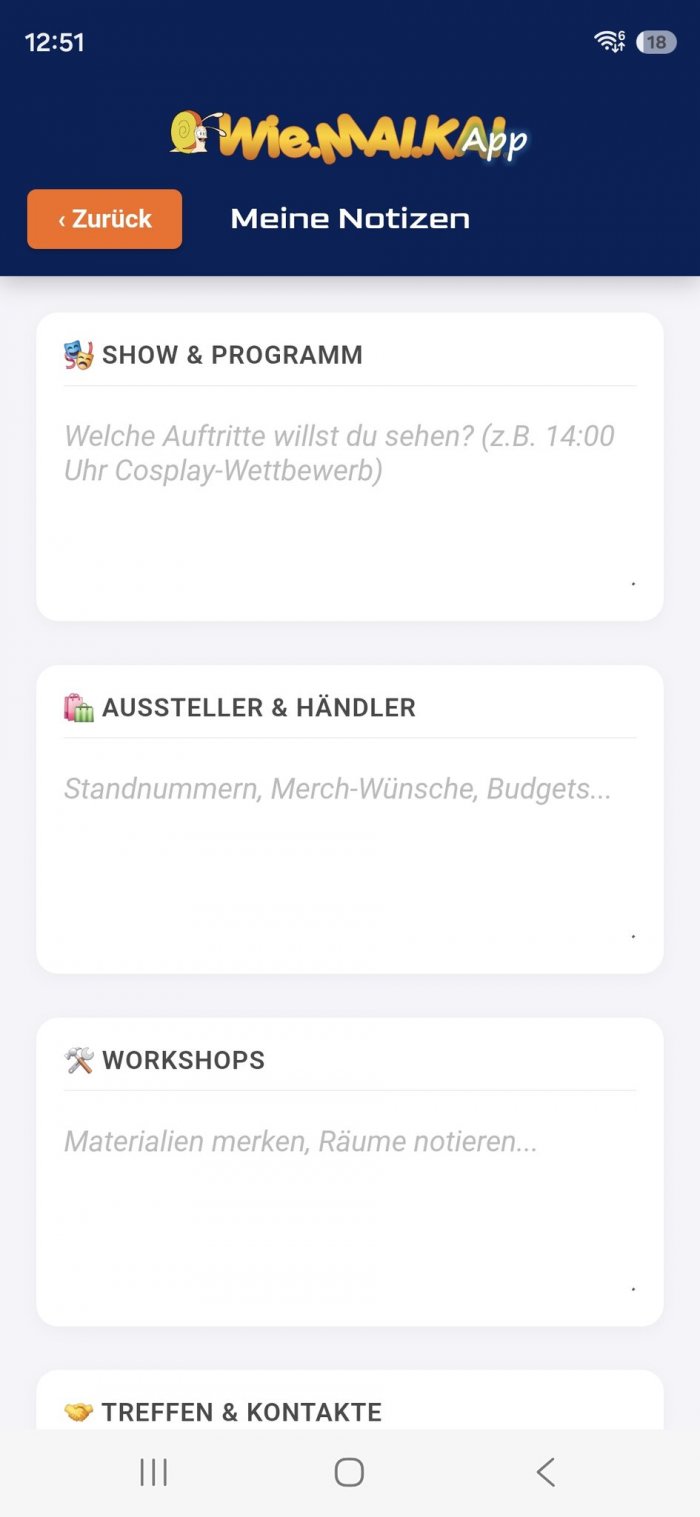 Digitales Notizbuch mit Kategorien wie Show und Programm oder Aussteller und Händler