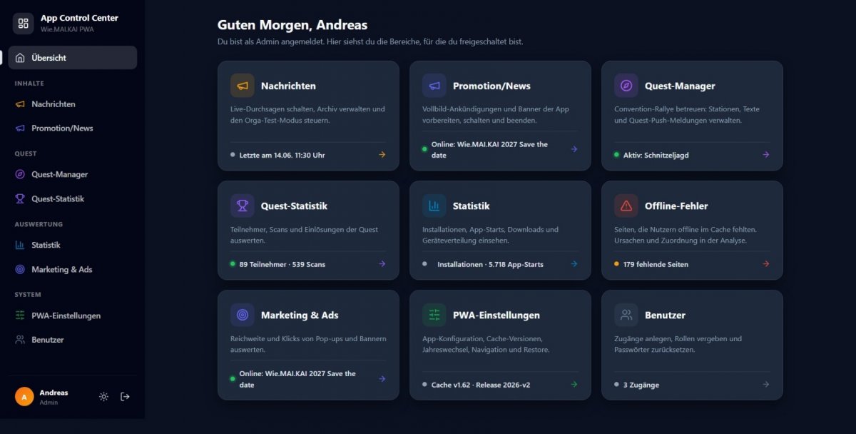 PWA Backend Startseite mit Übersicht