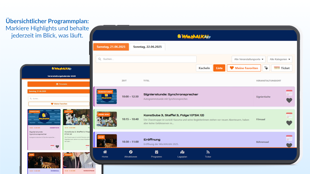 Wie.MAI.KAI app on two tablets showing the programme, favourites and navigation